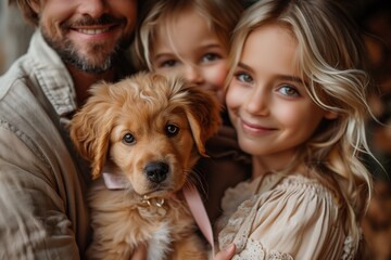 Happy man and two girls smiling while holding a carnivore companion dog puppy - obrazy, fototapety, plakaty