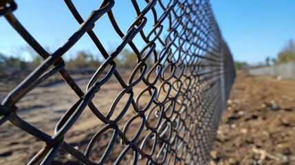 A close-up perspective shot of an aged chain-link fence, highlighting its woven metal details against a blurred outdoor background