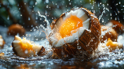 Cracked coconut with splashing water on a dark tropical background