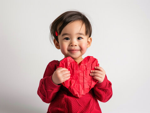 Little asian girl with red paper heart in her hands