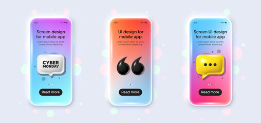 Phone 3d mockup gradient screen. Cyber Monday Sale tag. Special offer price sign. Advertising Discounts symbol. Cyber monday phone mockup message. 3d chat speech bubble. Yellow text box app. Vector