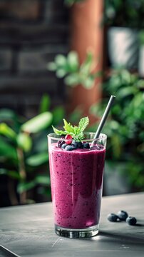 Glass of blueberry smoothie with mint and fresh berries.