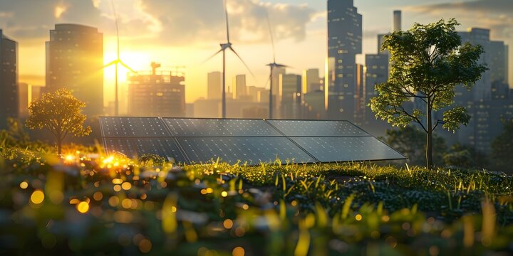 Sustainable Urban Landscape: Harnessing Solar Panels, Wind Turbines, and AI Technology for Climate Change Mitigation. Concept Solar Panels, Wind Turbines, AI Technology, Climate Change Mitigation