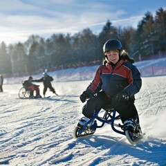 A heartwarming image capturing a child's delight while sledding in a snowy landscape, with other winter sports enthusiasts in the background