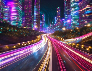 Fototapeta premium Long exposure photo of the street in the night , big city lights generative Ai