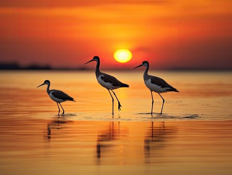 elegant black-winged stilt birds gracefully wading through the shallow waters of a salt field as the sun sets in the distance. Their slender legs and long necks create striking silhouettes against 
