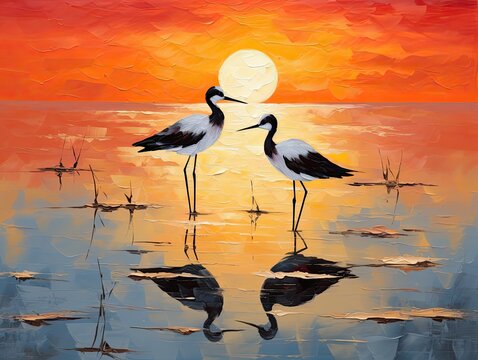 elegant black-winged stilt birds gracefully wading through the shallow waters of a salt field as the sun sets in the distance. Their slender legs and long necks create striking silhouettes against 