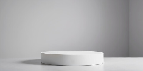 A white, circular, concrete pulpit in a room lit in light gray tones. Space for text. Composition. Minimal concept.