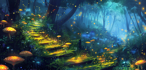 A staircase winding through a field of glowing mushrooms in a magical forest