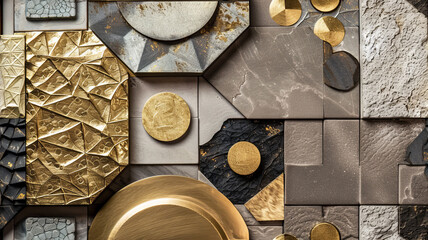 Abstract mixed materials textures and background with golden elements