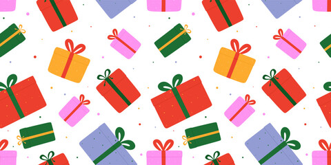 Gift boxes seamless pattern for wrapping paper, cards, textile. Repeating background with various gift boxes, beautiful multi-colored packaging and bows. Colored flat vector illustration