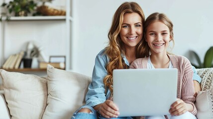 Mother and daughter smiling with a laptop.