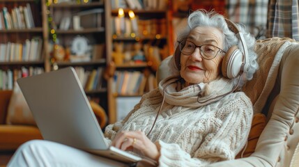 Senior woman with headphones using a laptop in a library.