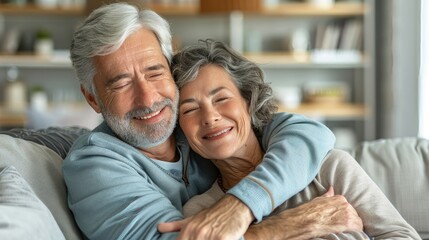 Affectionate senior couple smiling and embracing at home.