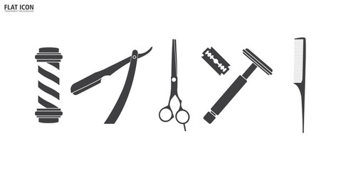 Barbershop tools and equipment icon set, beard or mustache shave and haircut. Barbershop icon set, tools, Barbershop icon vector symbol illustration in transparent background.
