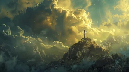 Foto op Plexiglas Easter background. Happy easter! Crucifix on a mountain against the sky © Olga Troitskaja