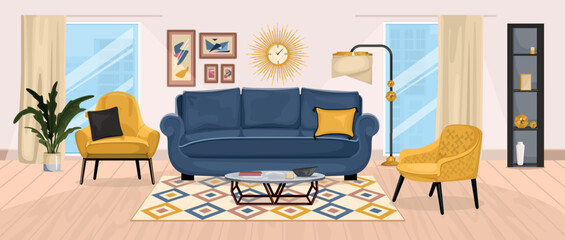 stylish comfortable sofa set interior design illustration icon interior