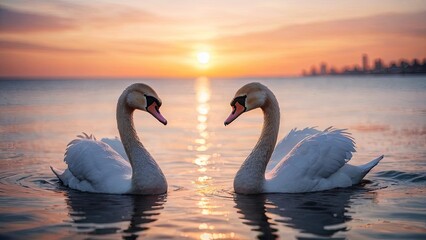 Duet at Dawn: Swans in Harmony with Sunrise - obrazy, fototapety, plakaty