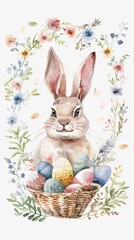 Watercolor Easter card. Happy easter! Easter bunny with a basket of Easter eggs. Easter bunny