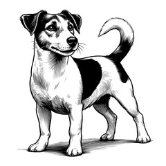 Full-length Jack Russell dog standing. Hand Drawn Pen and Ink. Vector Isolated in White. Engraving vintage style illustration for print, tattoo, t-shirt	