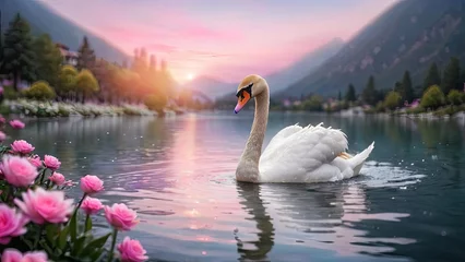 Fotobehang Sunset Serenade: Swan Amidst Pink Blossoms on Alpine Lake © giovanni