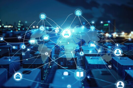 Distribution and logistics concept of global digital internet marketing and business e-commerce banner graphic concept showing global network and social media connection technology