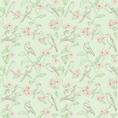 light green seamless pattern. Vector texture with silhouettes of birds and apple tree flowers. Spring.