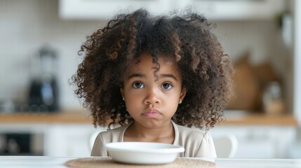 Curly-haired child looking directly at camera with a neutral expression. - obrazy, fototapety, plakaty