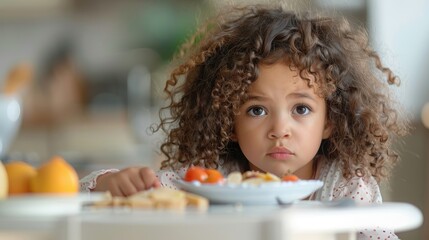 Curly-haired girl with a contemplative look, not eating her food.