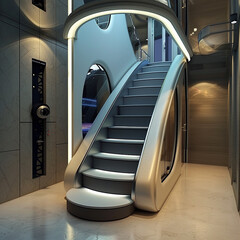 A staircase with a futuristic pod elevator option
