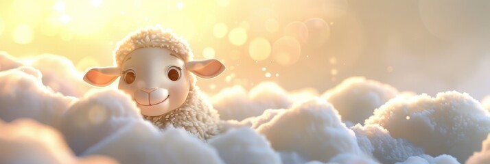 Cute sheep basking in sunlight among clouds, innocence and lightness concept
 - obrazy, fototapety, plakaty