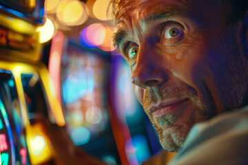 A close-up of a handsome middle-aged man at a casino, his face lit up with the thrill of the game as he plays at the slot machines. 