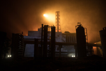 Creative artwork decoration. Chernobyl nuclear power plant at night. Layout of abandoned Chernobyl...