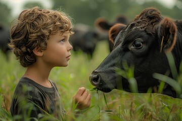 Young boy standing by cow in grassy meadow, happy in natural landscape - obrazy, fototapety, plakaty