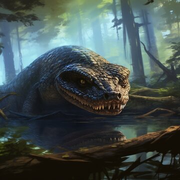 Digital painting of an anaconda in the forest in the dead landscape