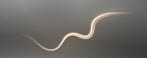 Vector png background with gold glowing lines. Gold glowing lines of speed. Light glow effect. Light trail wave, fire trail line and glow curve swirl.