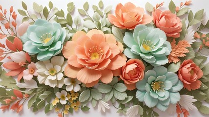 Background with pista green and coral color  flowers, floral background, 