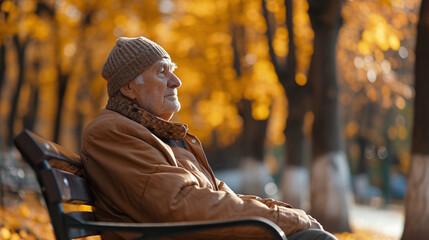 Profile photo, side view of old man, senior sitting on a bench in the park in autumn day, lonely old man.