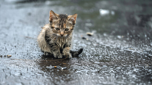 stray homeless cat sad abandoned hungry puppy sitting alone in the street under rain dirty wet lost dog outdoors pets adoption shelter rescue help for pets