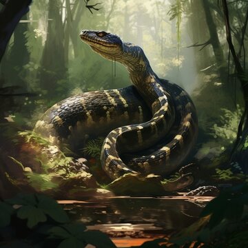 Digital painting of an anaconda in the forest in the dead landscape