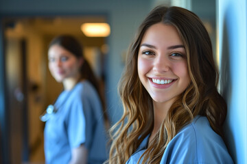 Smiling beautiful female healthcare workers or healthcare students looking at the camera
