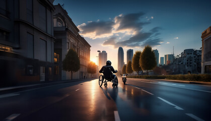 concept of a wheelchair motorcyclist wearing a helmet. Injuries and deaths among motorcyclists - obrazy, fototapety, plakaty