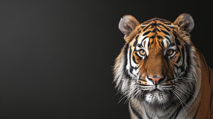 Close-up bengal tiger and black background. Copy space for text or logo. Banner concept.