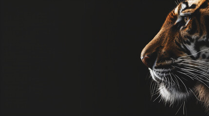 Close-up bengal tiger and black background. Copy space for text or logo. Banner concept. - obrazy, fototapety, plakaty
