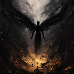 The angel Lucifer, black silhouettes of people fall with him into the black abyss. illustration painting - obrazy, fototapety, plakaty
