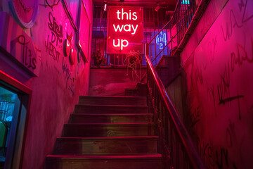 A staircase with a neon sign glowing "this way up" - Powered by Adobe