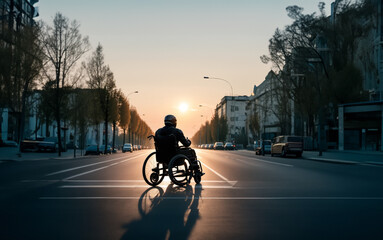 concept of a wheelchair motorcyclist wearing a helmet. Injuries and deaths among motorcyclists - obrazy, fototapety, plakaty