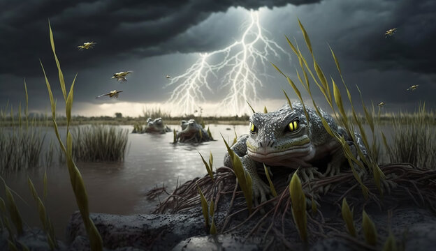 Primordial alien world with ponds and lakes inhabited by large, mean frog-like creatures. Lightning storm on a gloomy exoplanet. Wildlife surviving in harsh conditions.