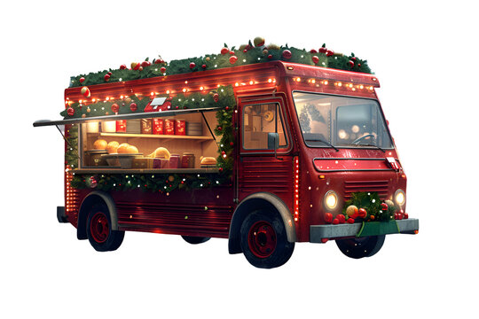 A 3D animated cartoon render of festive decorations adorning a charming streetfood-truck at a bustling night market.
