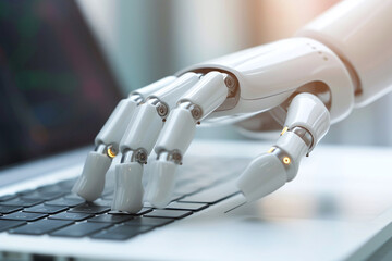 Robot hand point to laptop buttons, advisor chatbot robotic, artificial intelligence concept. Future robot technology concept.